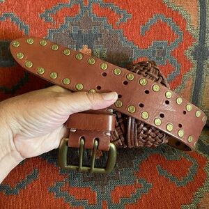 Lucky Brand Braided Leather Wide Brass Stud & Buckle Belt Small VGUC